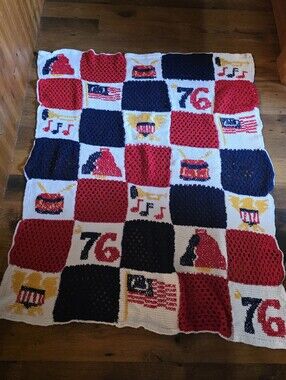 Bicentenial Patriotic Handmade Crochet Throw - Red, Navy, White, Yellow